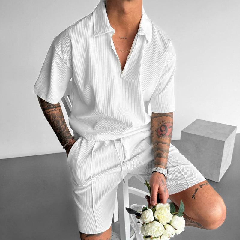 Men's Quarter Zipper Polo Casual Short Sleeve Drawstring Shorts Co-ord