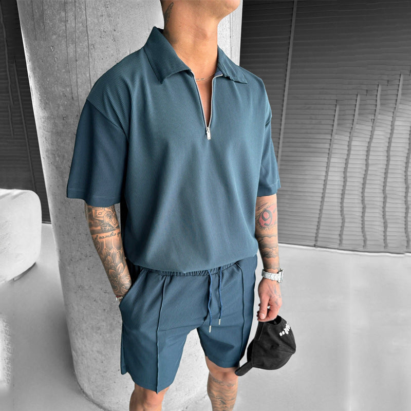 Men's Quarter Zipper Polo Casual Short Sleeve Drawstring Shorts Co-ord