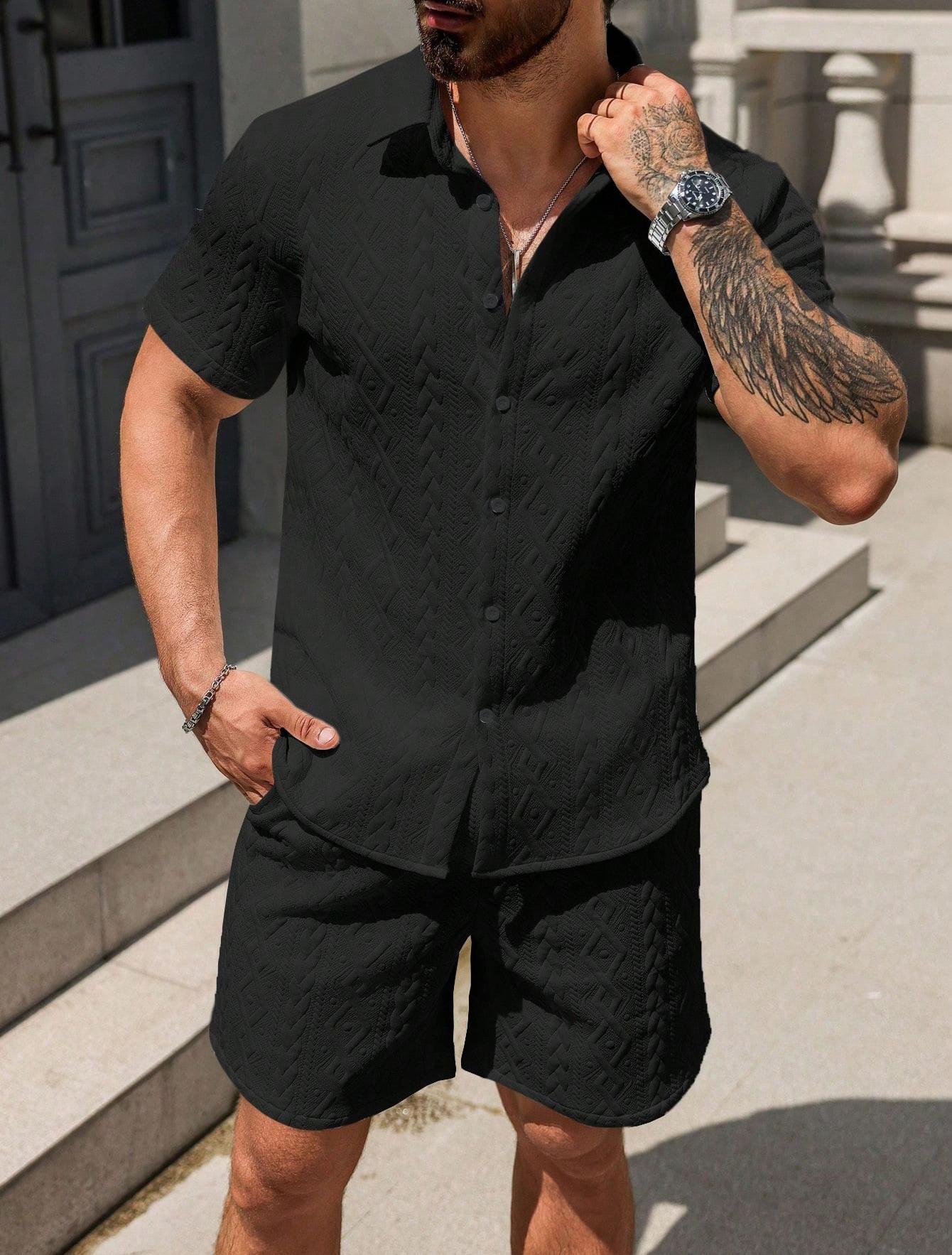 Men's Short Sleeve Button Down Imprint Shirt and Shorts Co-ord