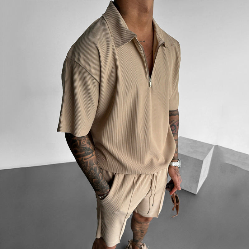 Men's Quarter Zipper Polo Casual Short Sleeve Drawstring Shorts Co-ord