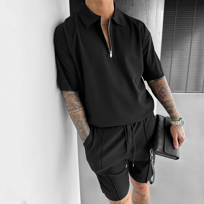 Men's Quarter Zipper Polo Casual Short Sleeve Drawstring Shorts Co-ord