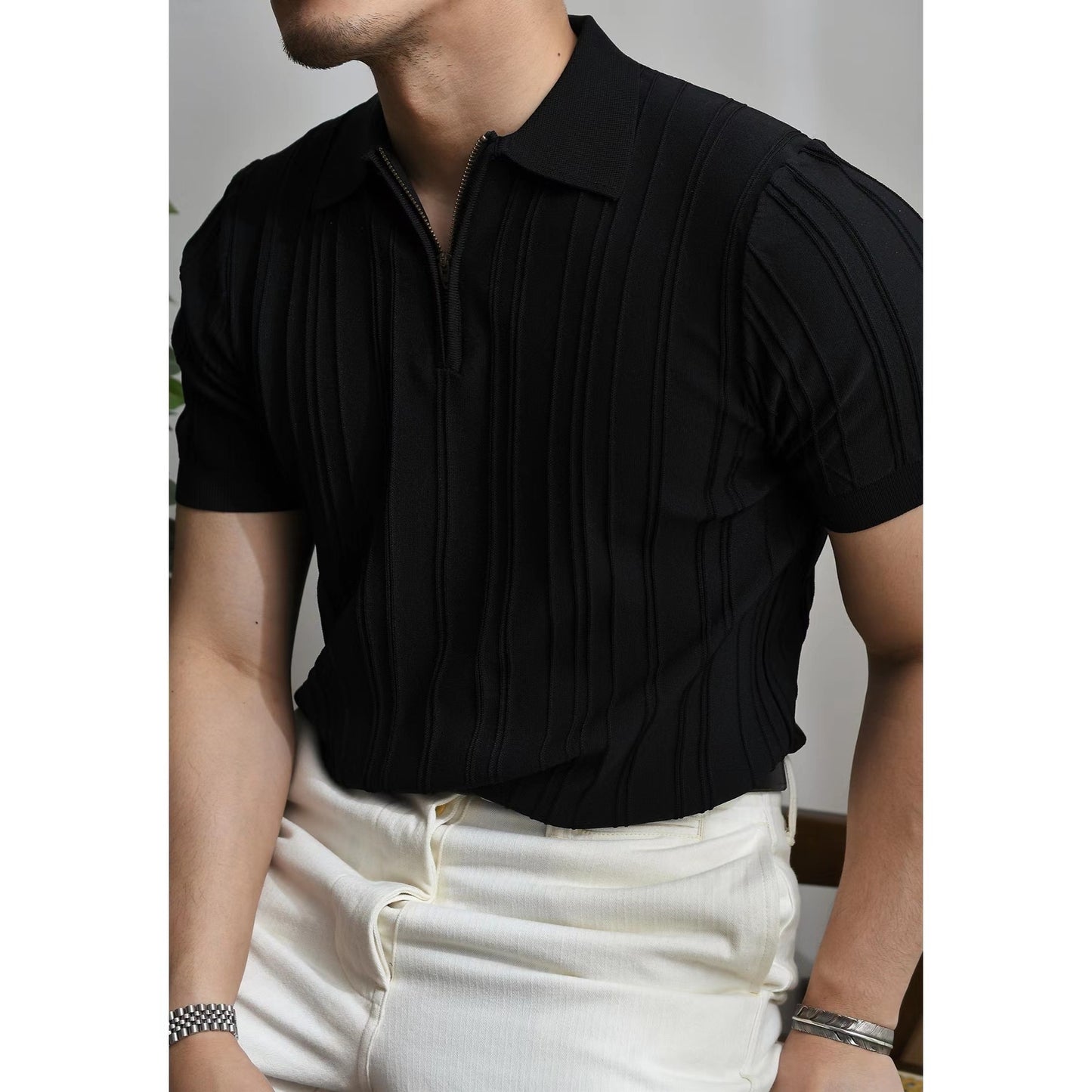 Double Stripe Half Zip Loose Fit Staple Polo