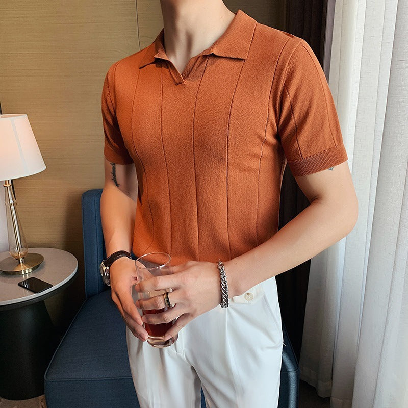 Pleated Polo Collar Short Sleeve Staple T - Shirt