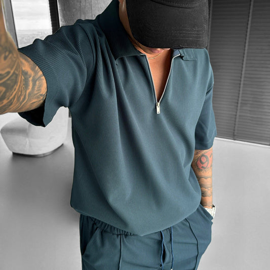 Men's Quarter Zipper Polo Casual Short Sleeve Drawstring Shorts Co-ord