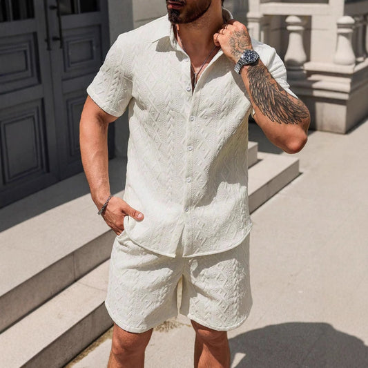 Men's Short Sleeve Button Down Imprint Shirt and Shorts Co-ord