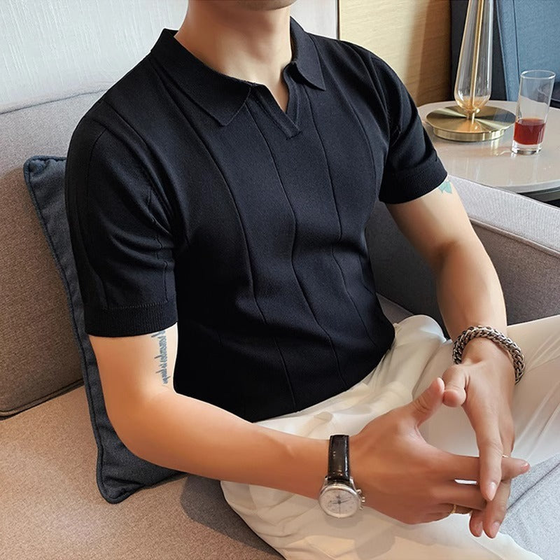 Pleated Polo Collar Short Sleeve Staple T - Shirt