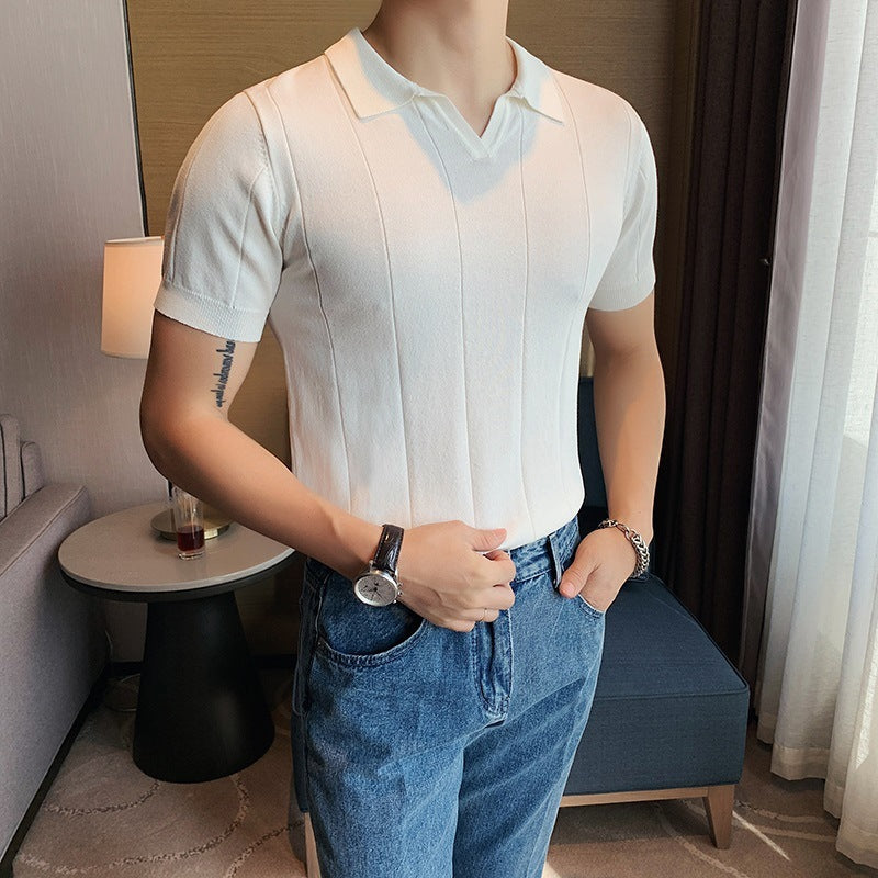 Pleated Polo Collar Short Sleeve Staple T - Shirt