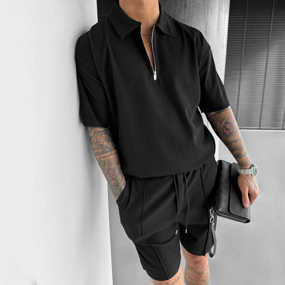 Men's Quarter Zipper Polo Casual Short Sleeve Drawstring Shorts Co-ord